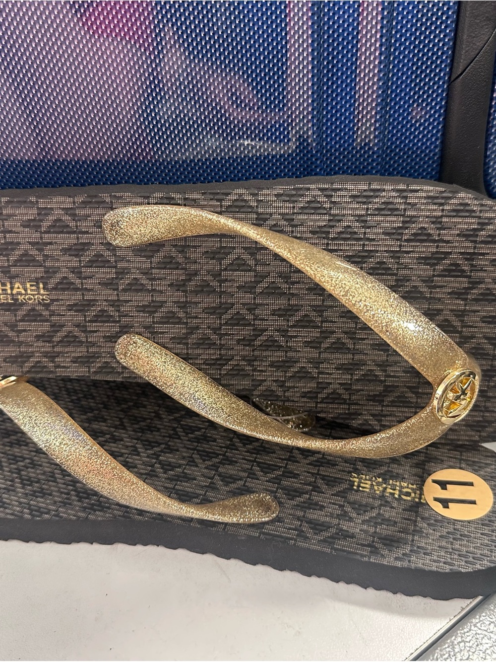 Michael Kors Gold Glitter Thong Sandals with MK Medallion